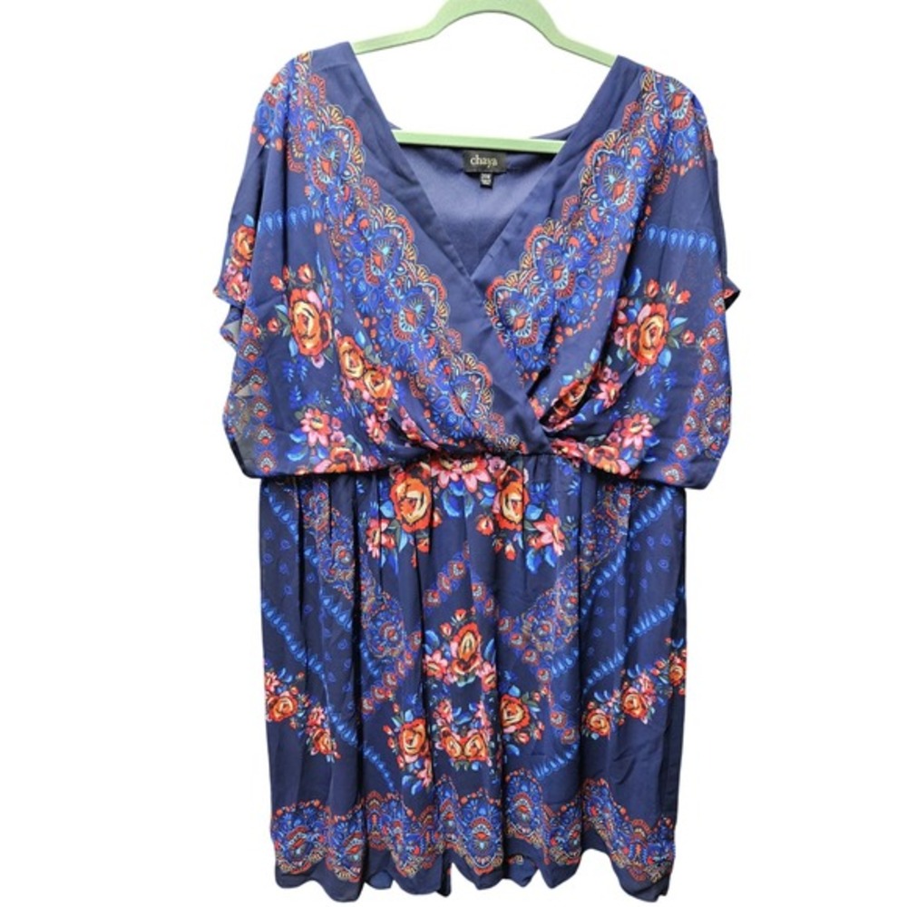 ehaya Women Navy Blue Floral Print V Neck Short Sleeve Midi Dress Plus